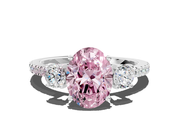 Platinum Three-Stone Fancy Pink Oval Cut Cut Diamond Pavé Band with Prong Setting