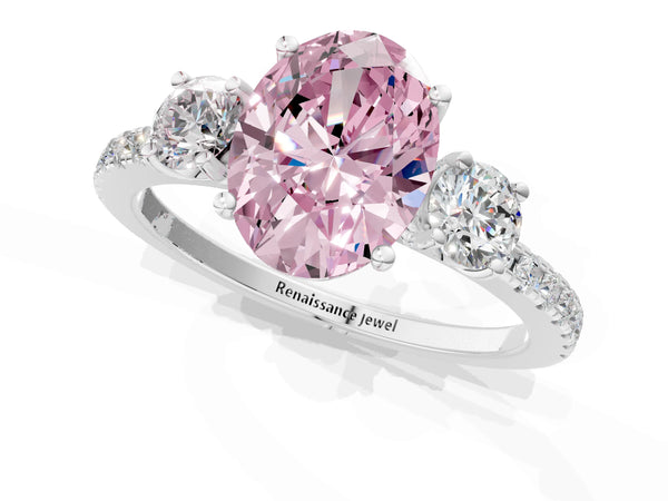 Platinum Three-Stone Fancy Pink Oval Cut Cut Diamond Pavé Band with Prong Setting