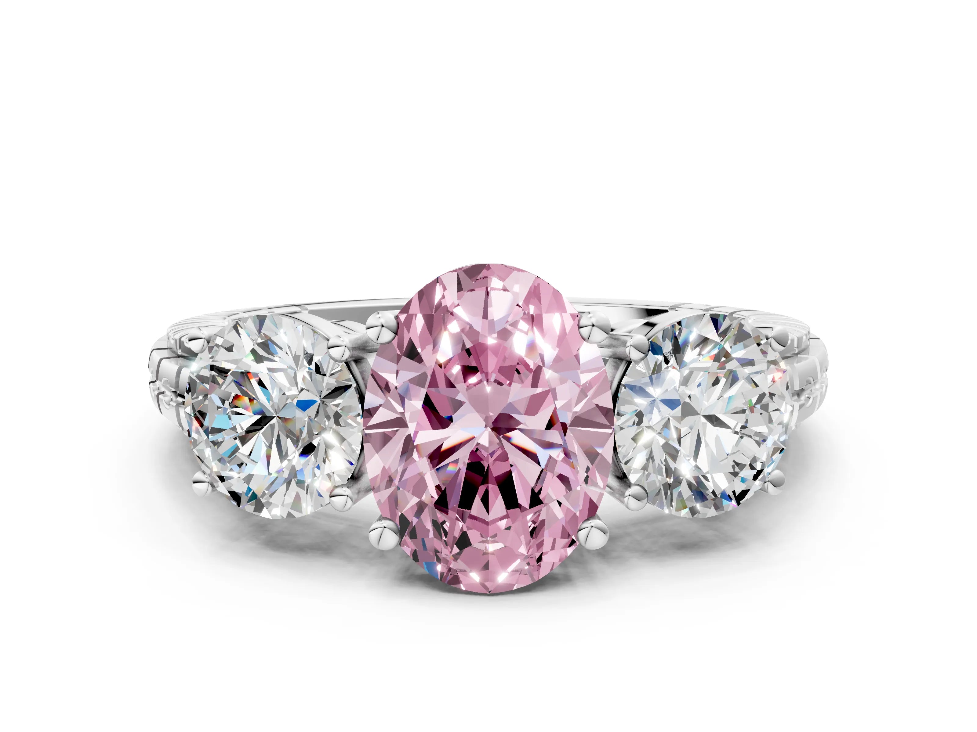 White gold Three-Stone Fancy Pink Oval Cut Cut Diamond Ring with Channel-Set Band and Prong Setting