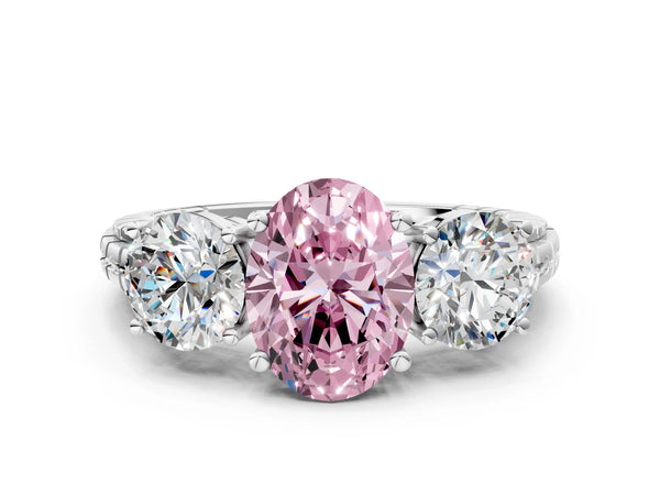 Platinum Three-Stone Fancy Pink Oval Cut Cut Diamond Ring with Channel-Set Band and Prong Setting