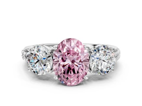 White gold Three-Stone Fancy Pink Oval Cut Cut Diamond Ring with Channel-Set Band and Prong Setting
