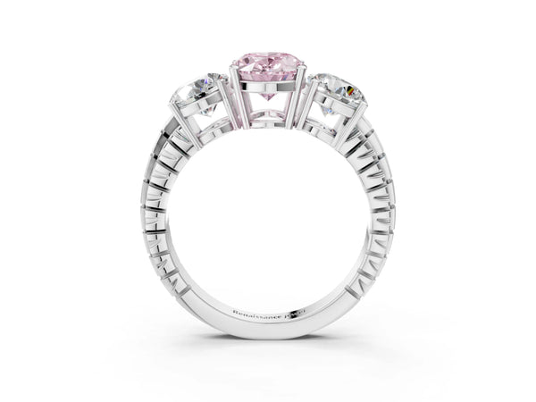 Platinum Three-Stone Fancy Pink Oval Cut Cut Diamond Ring with Channel-Set Band and Prong Setting