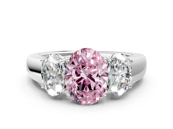 Platinum Three-Stone Fancy Pink Oval Cut Cut Diamond Ring with Prong Setting and Classic Band