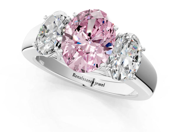 Platinum Three-Stone Fancy Pink Oval Cut Cut Diamond Ring with Prong Setting and Classic Band