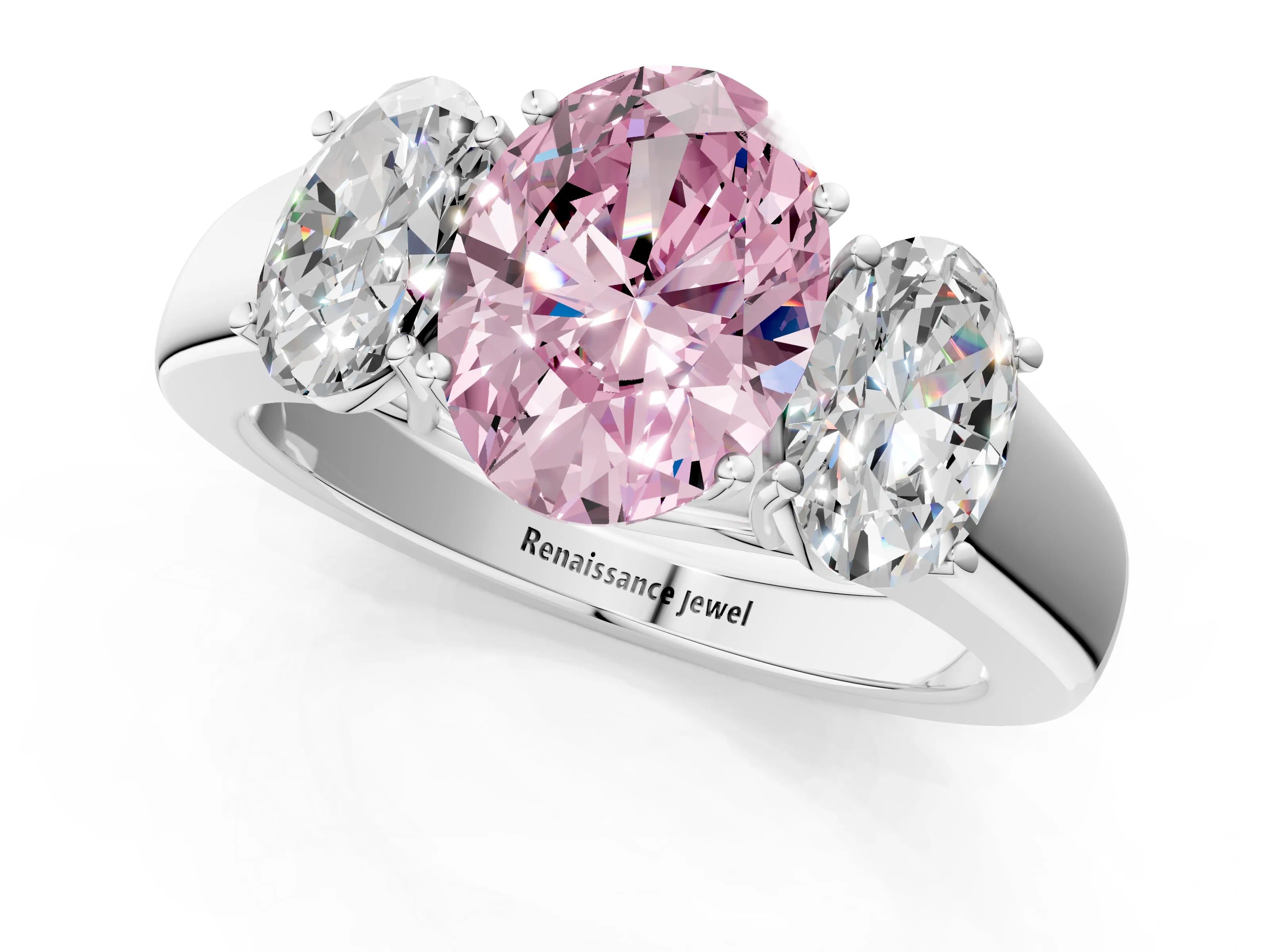White gold Three-Stone Fancy Pink Oval Cut Cut Diamond Ring with Prong Setting and Classic Band_1