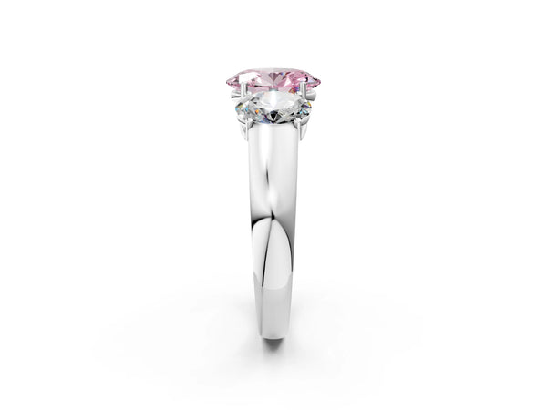 Platinum Three-Stone Fancy Pink Oval Cut Cut Diamond Ring with Prong Setting and Classic Band