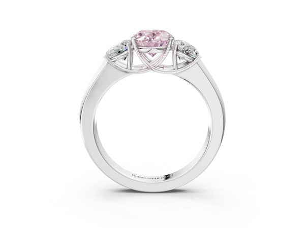 Platinum Three-Stone Fancy Pink Oval Cut Cut Diamond Ring with Prong Setting and Classic Band