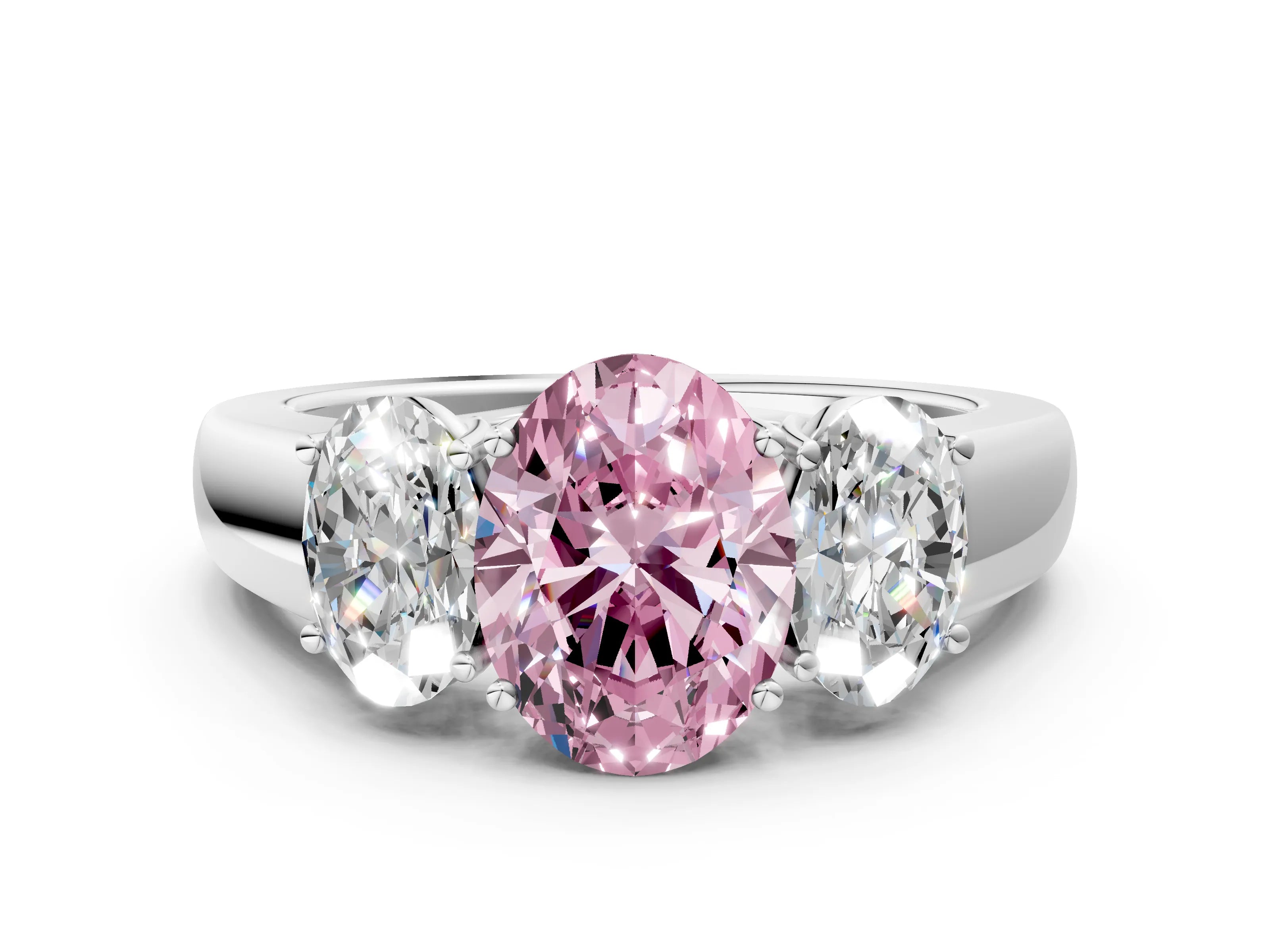 White gold Three-Stone Fancy Pink Oval Cut Cut Diamond Ring with Prong Setting and Classic Band