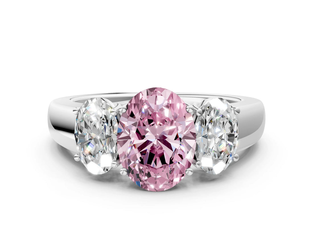White gold Three-Stone Fancy Pink Oval Cut Cut Diamond Ring with Prong Setting and Classic Band