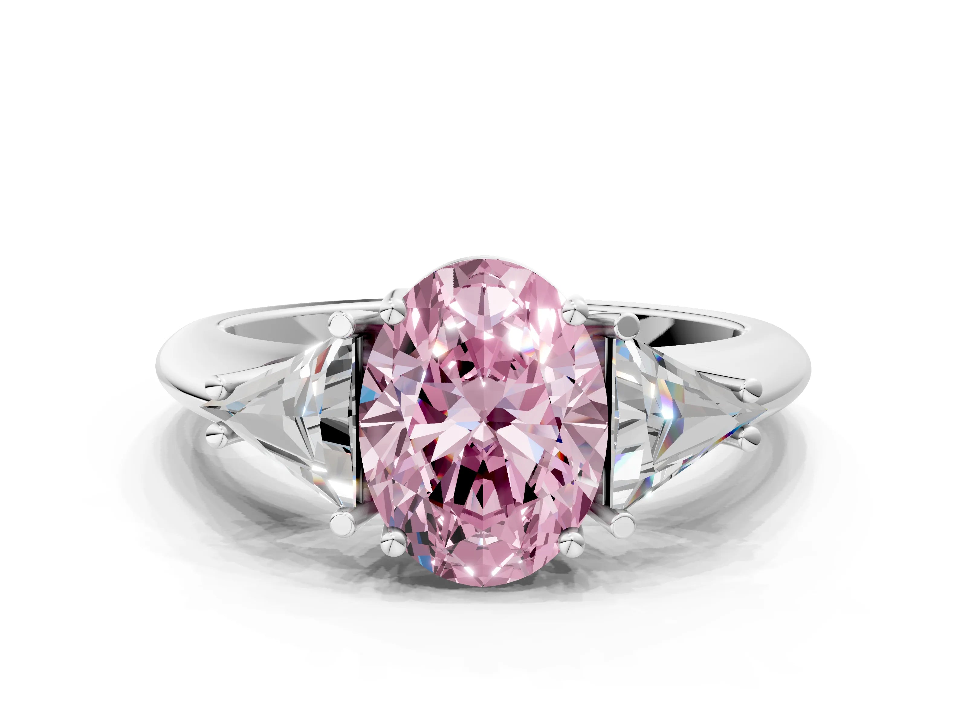White gold Three-Stone Fancy Pink Oval Cut Cut Diamond Ring with Trillion Side Stones and Four-Prong Setting_11
