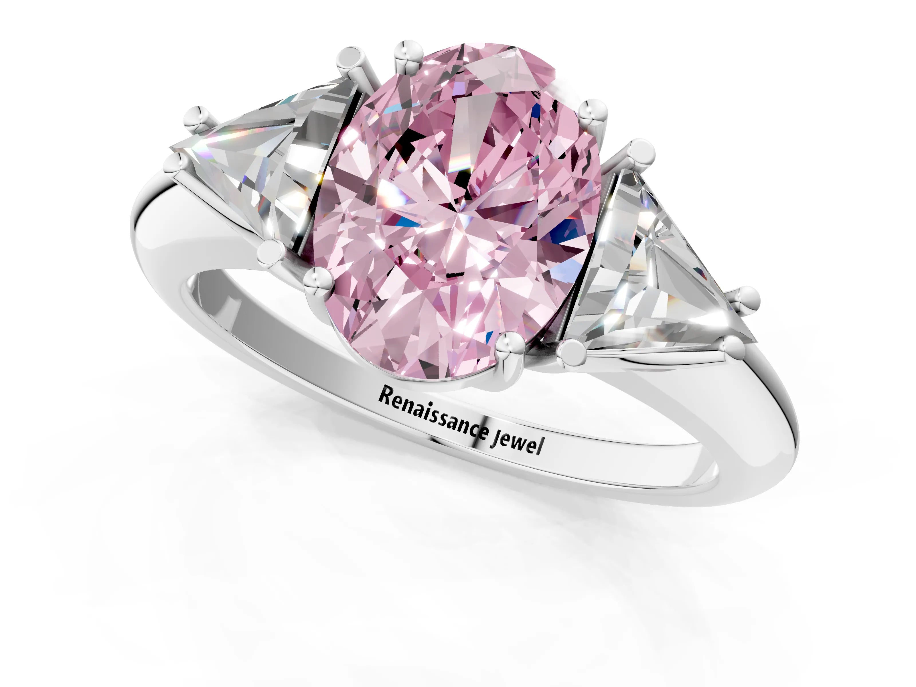 White gold Three-Stone Fancy Pink Oval Cut Cut Diamond Ring with Trillion Side Stones and Four-Prong Setting_12