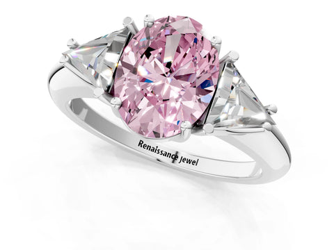 White gold Three-Stone Fancy Pink Oval Cut Cut Diamond Ring with Trillion Side Stones and Four-Prong Setting_12