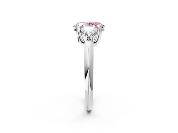 Platinum Three-Stone Fancy Pink Oval Cut Cut Diamond Ring with Trillion Side Stones and Four-Prong Setting
