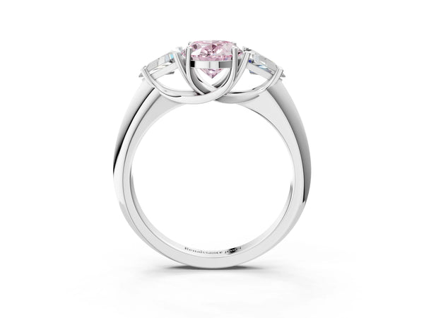 Platinum Three-Stone Fancy Pink Oval Cut Cut Diamond Ring with Trillion Side Stones and Four-Prong Setting
