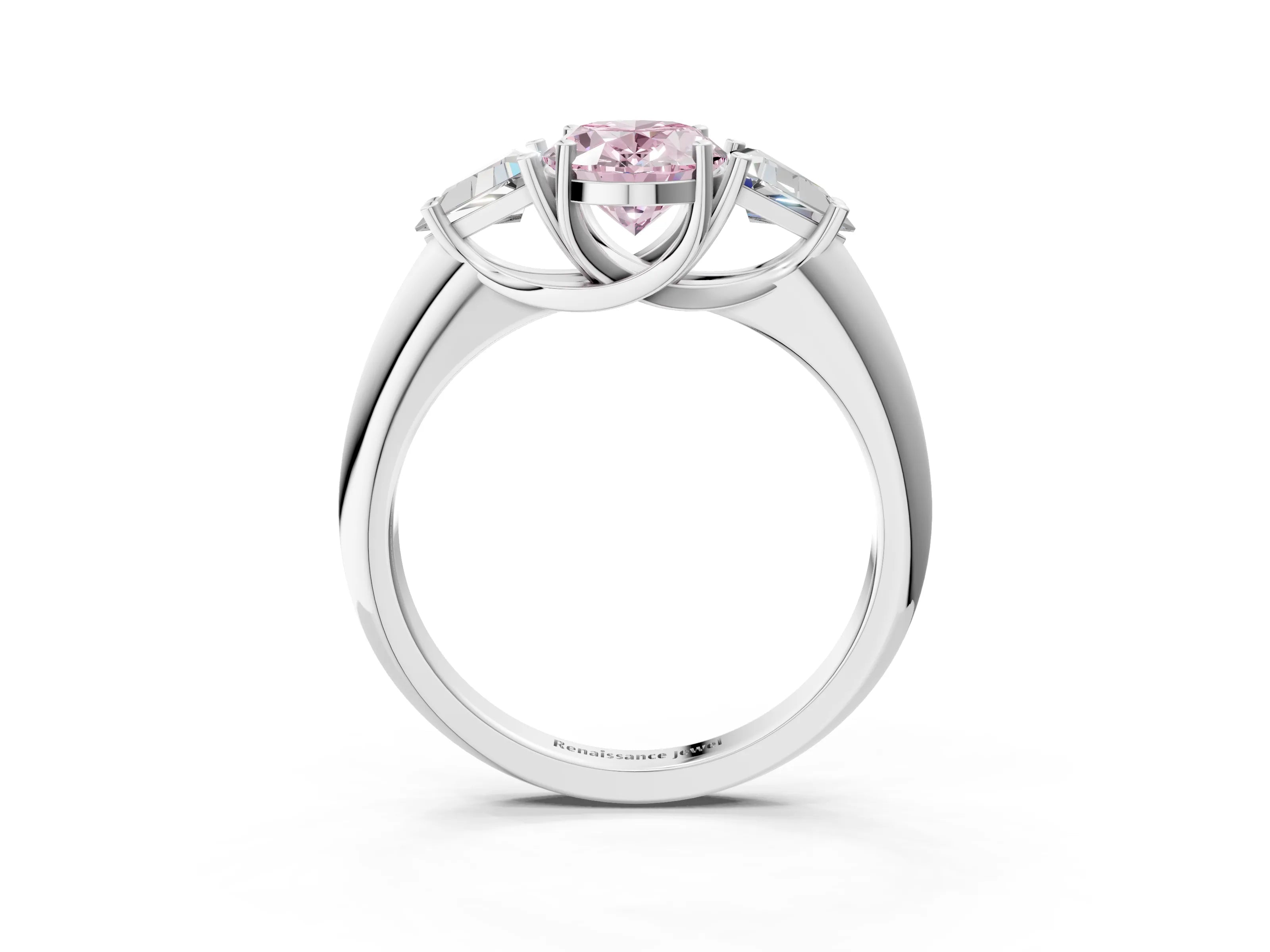 White gold Three-Stone Fancy Pink Oval Cut Cut Diamond Ring with Trillion Side Stones and Four-Prong Setting_14