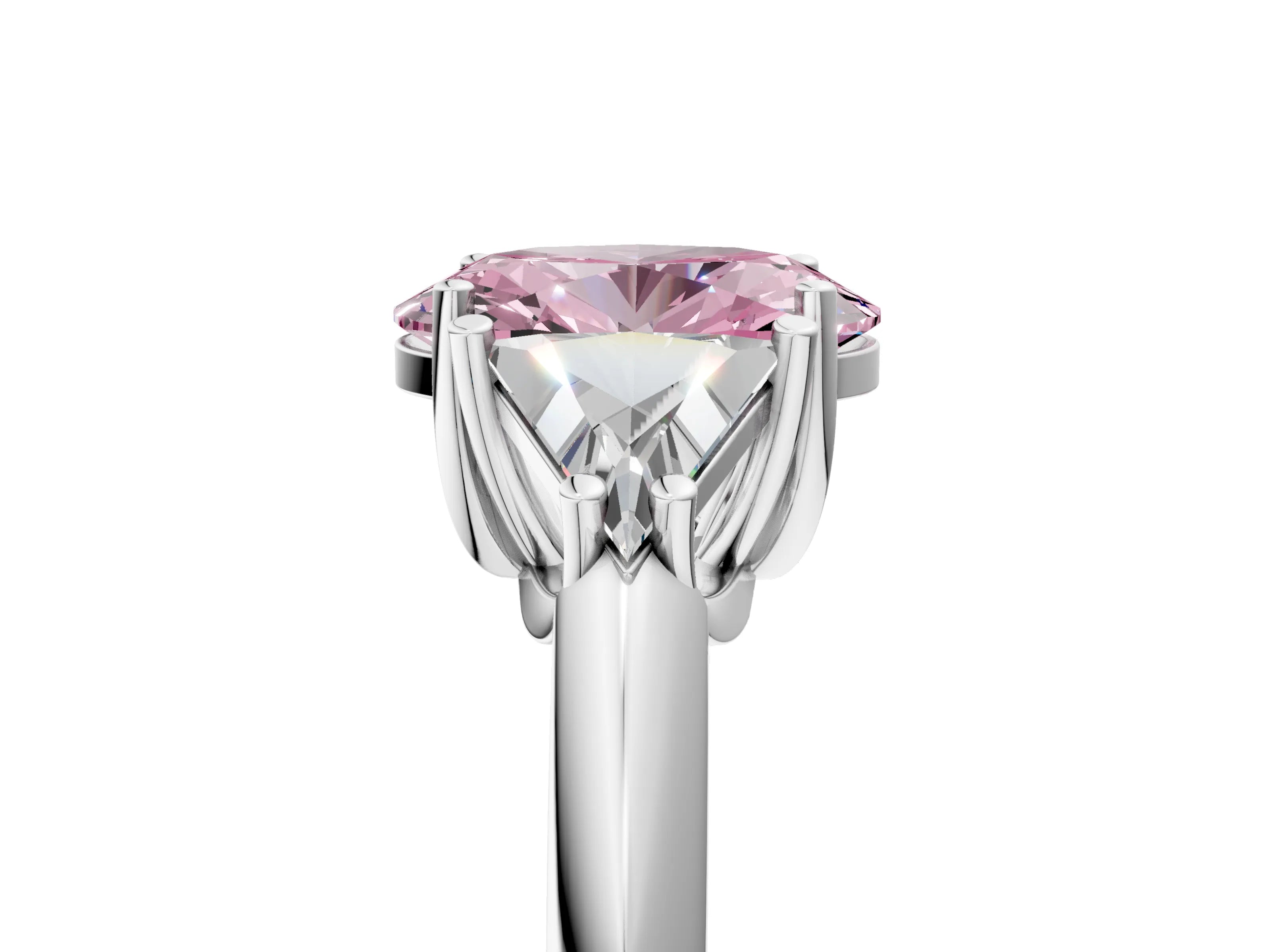 White gold Three-Stone Fancy Pink Oval Cut Cut Diamond Ring with Trillion Side Stones and Four-Prong Setting_16
