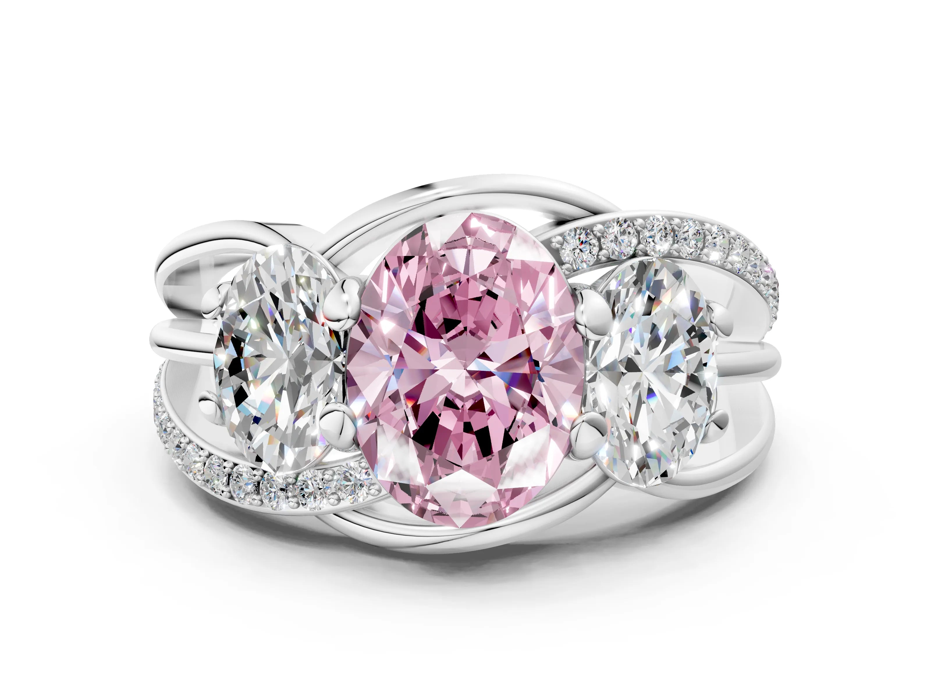 White gold Three-Stone Fancy Pink Oval Cut Cut Diamond Split Shank Prong Set Ring_12