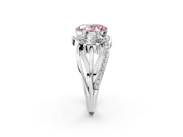 Platinum Three-Stone Fancy Pink Oval Cut Cut Diamond Split Shank Prong Set Ring