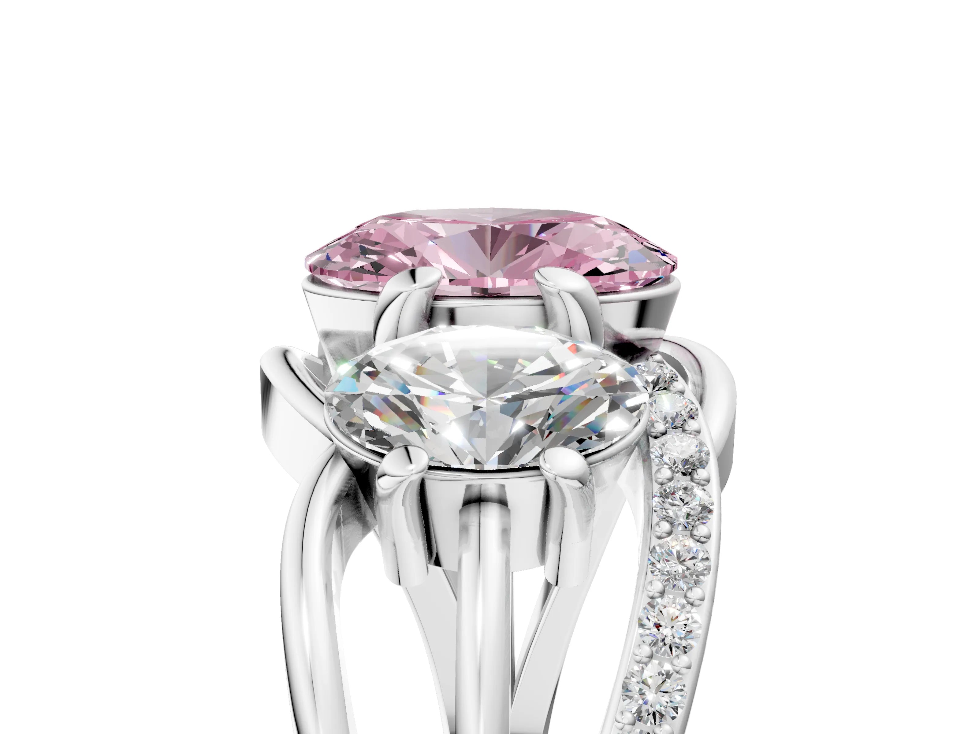 White gold Three-Stone Fancy Pink Oval Cut Cut Diamond Split Shank Prong Set Ring_17