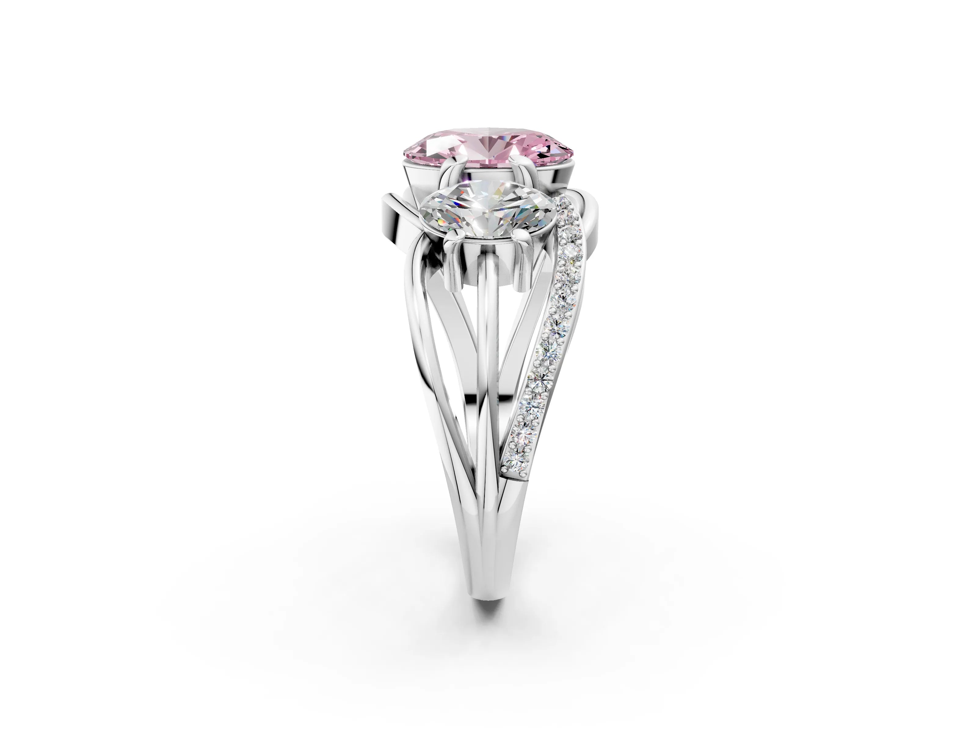 White gold Three-Stone Fancy Pink Oval Cut Cut Diamond Split Shank Prong Set Ring_2