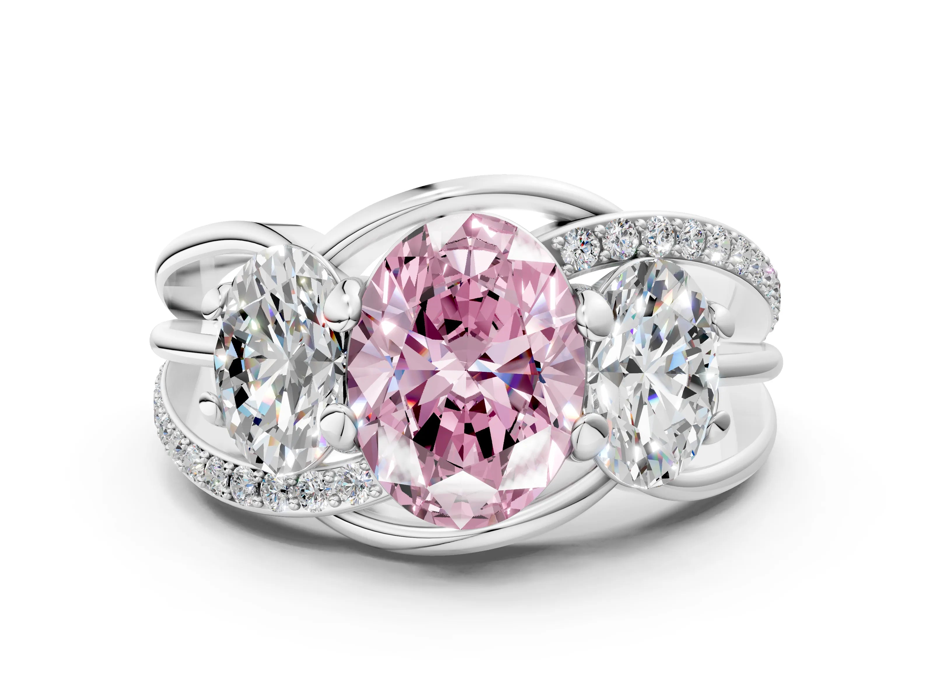 White gold Three-Stone Fancy Pink Oval Cut Cut Diamond Split Shank Prong Set Ring