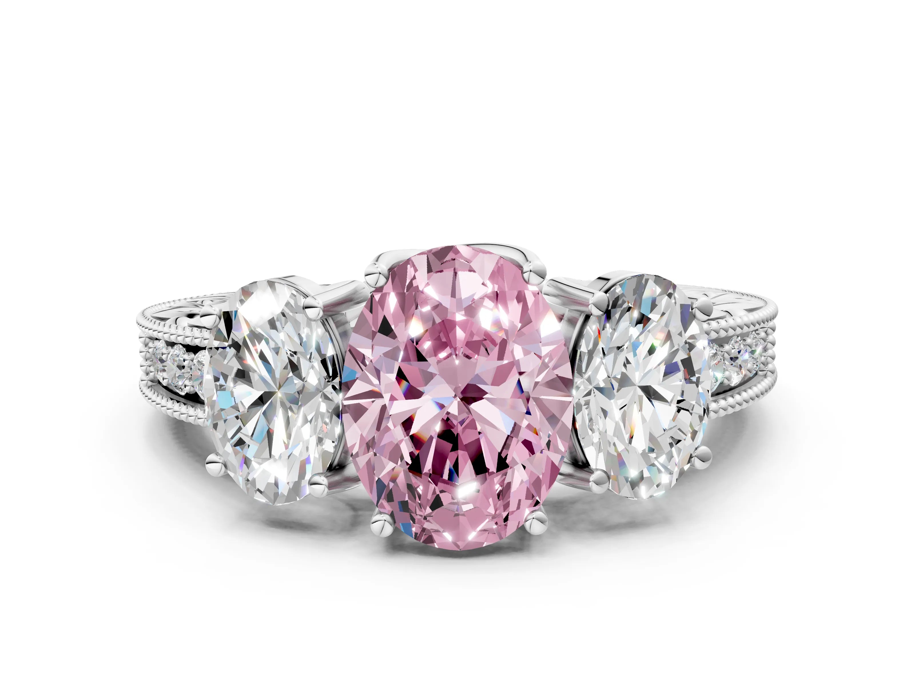 White gold Three-Stone Fancy Pink Oval Cut Cut Milgrain Pavé Engagement Ring_12