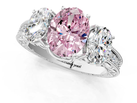White gold Three-Stone Fancy Pink Oval Cut Cut Milgrain Pavé Engagement Ring_13