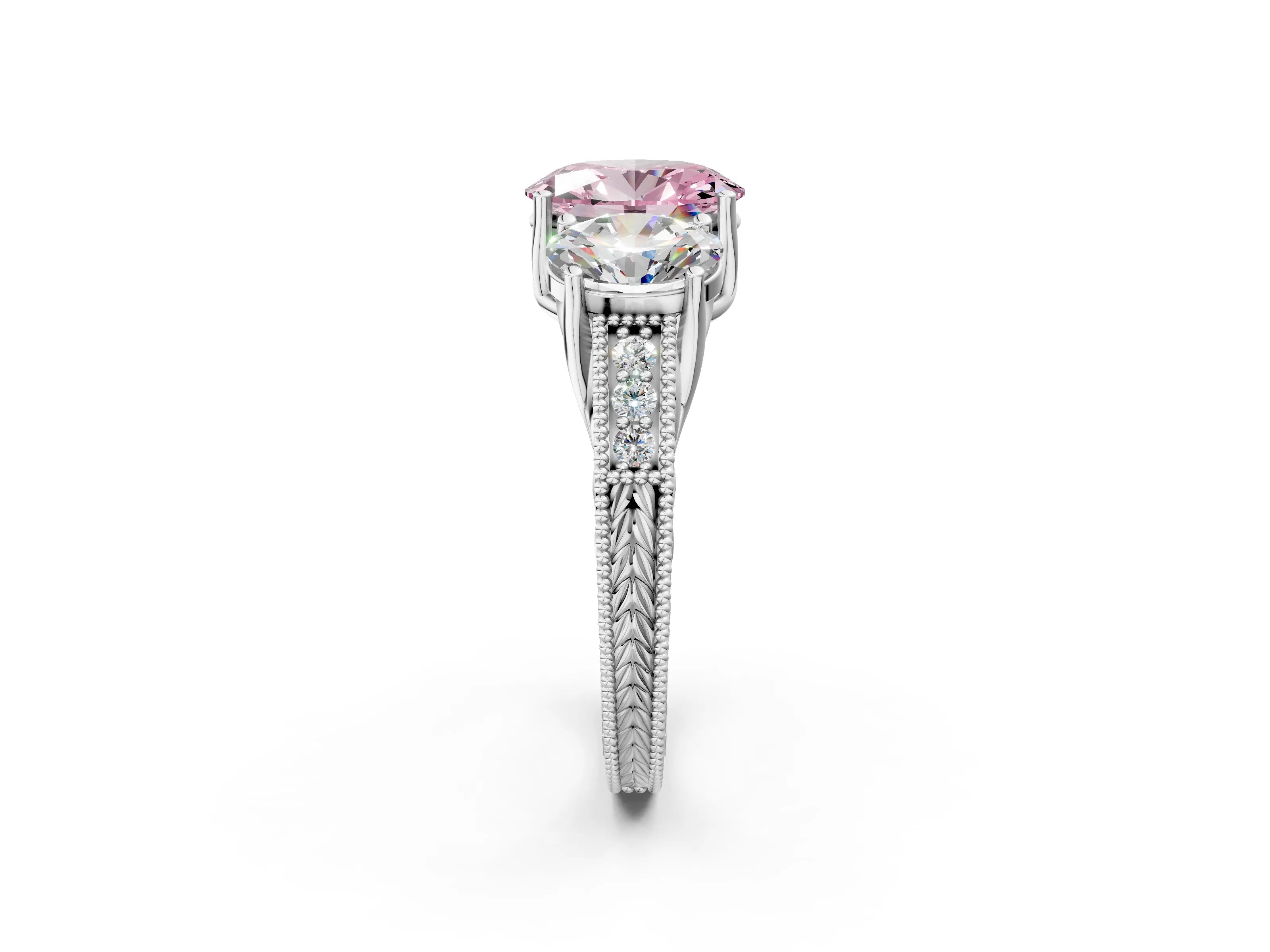 White gold Three-Stone Fancy Pink Oval Cut Cut Milgrain Pavé Engagement Ring_14