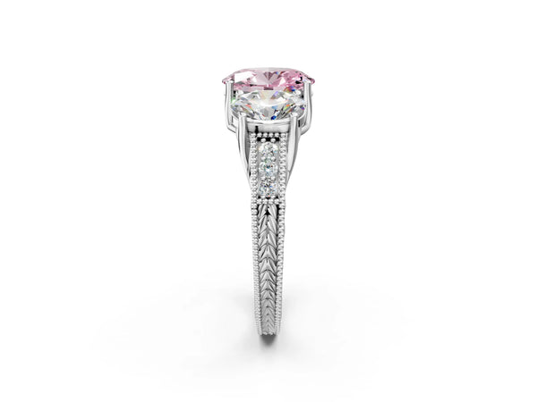 White gold Three-Stone Fancy Pink Oval Cut Cut Milgrain Pavé Engagement Ring