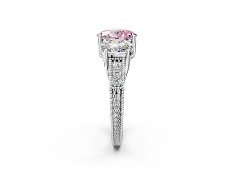 White gold Three-Stone Fancy Pink Oval Cut Cut Milgrain Pavé Engagement Ring_14
