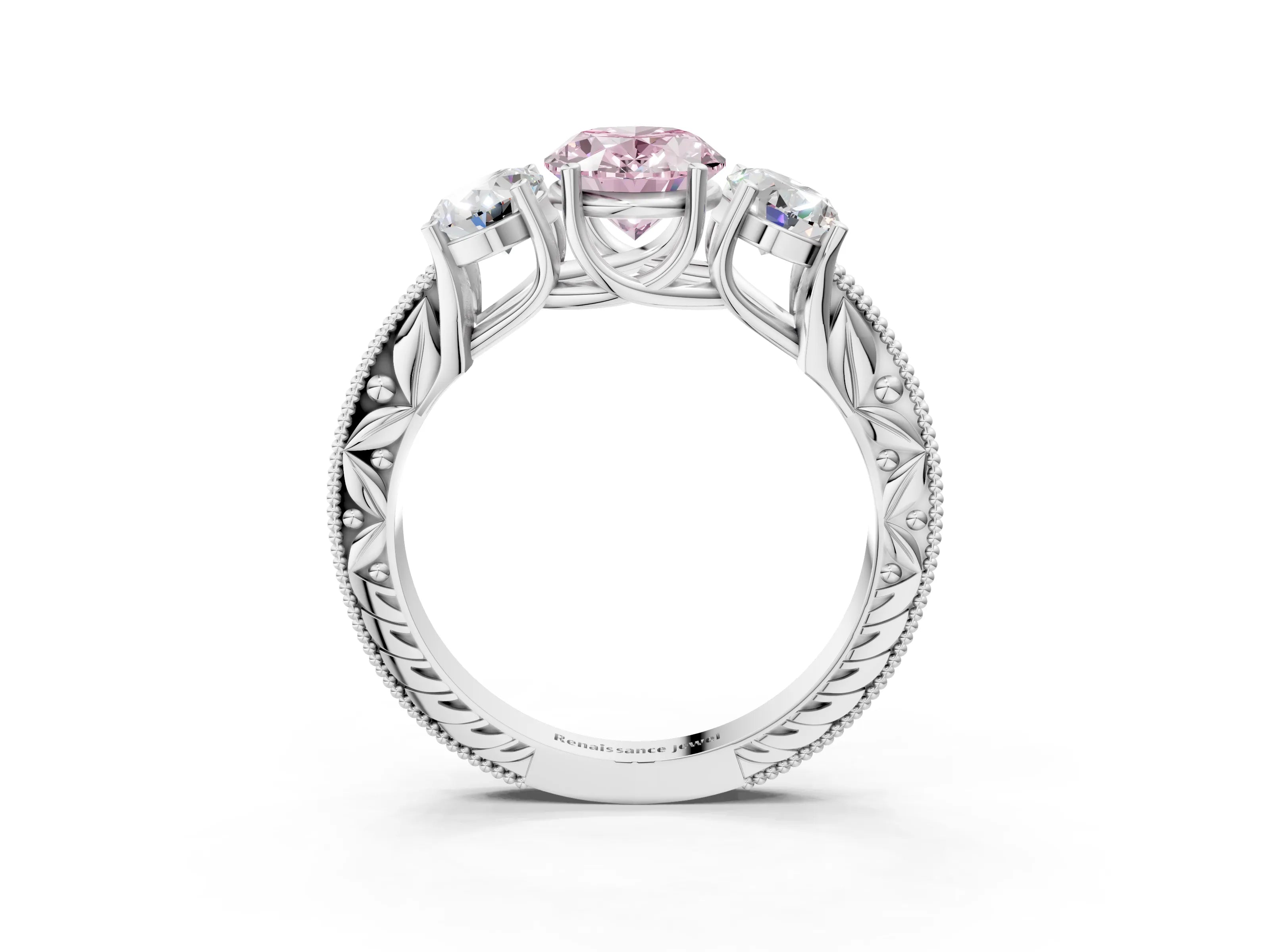 White gold Three-Stone Fancy Pink Oval Cut Cut Milgrain Pavé Engagement Ring_15