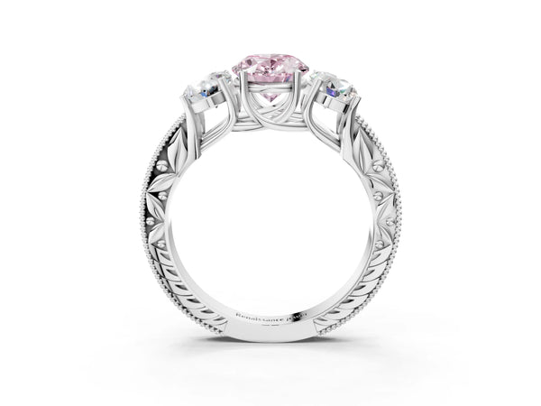 White gold Three-Stone Fancy Pink Oval Cut Cut Milgrain Pavé Engagement Ring