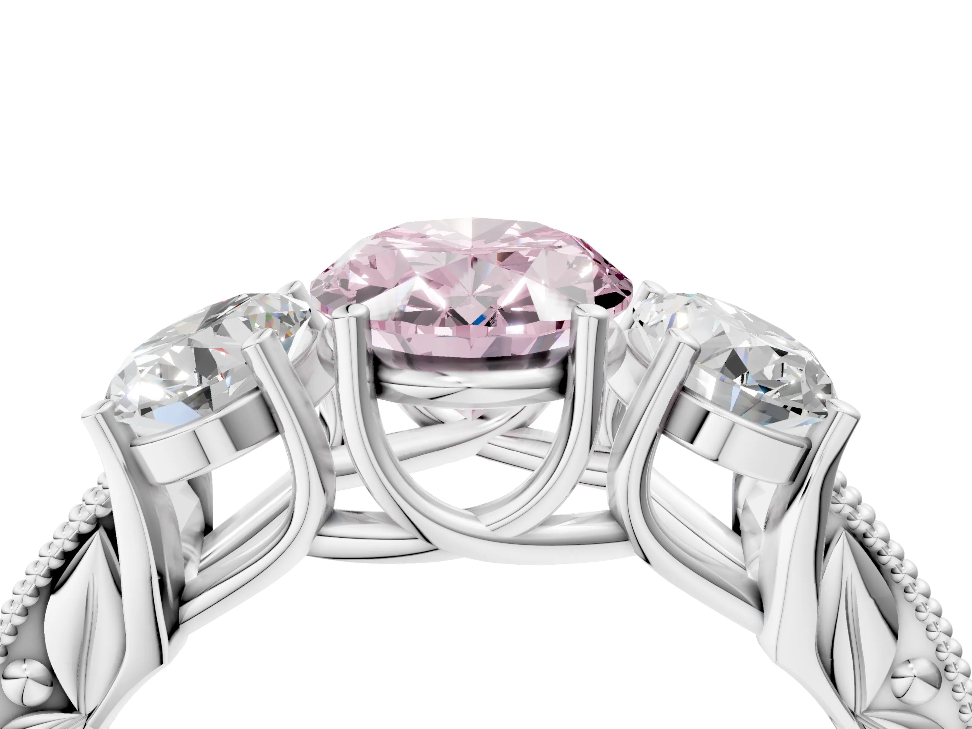 White gold Three-Stone Fancy Pink Oval Cut Cut Milgrain Pavé Engagement Ring_4
