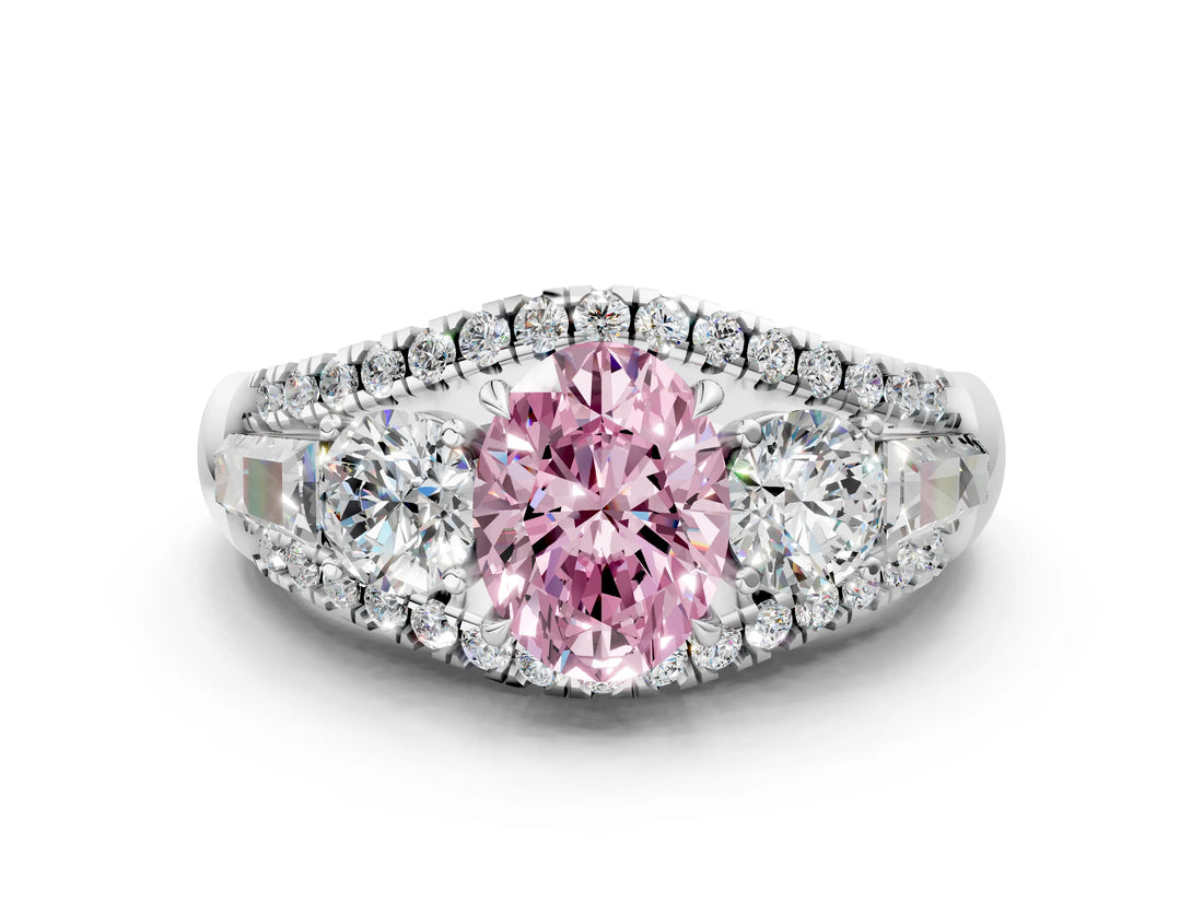 White gold Three-Stone Fancy Pink Oval Cut Diamond Engagement Ring with Pave Band and Prong Setting_12