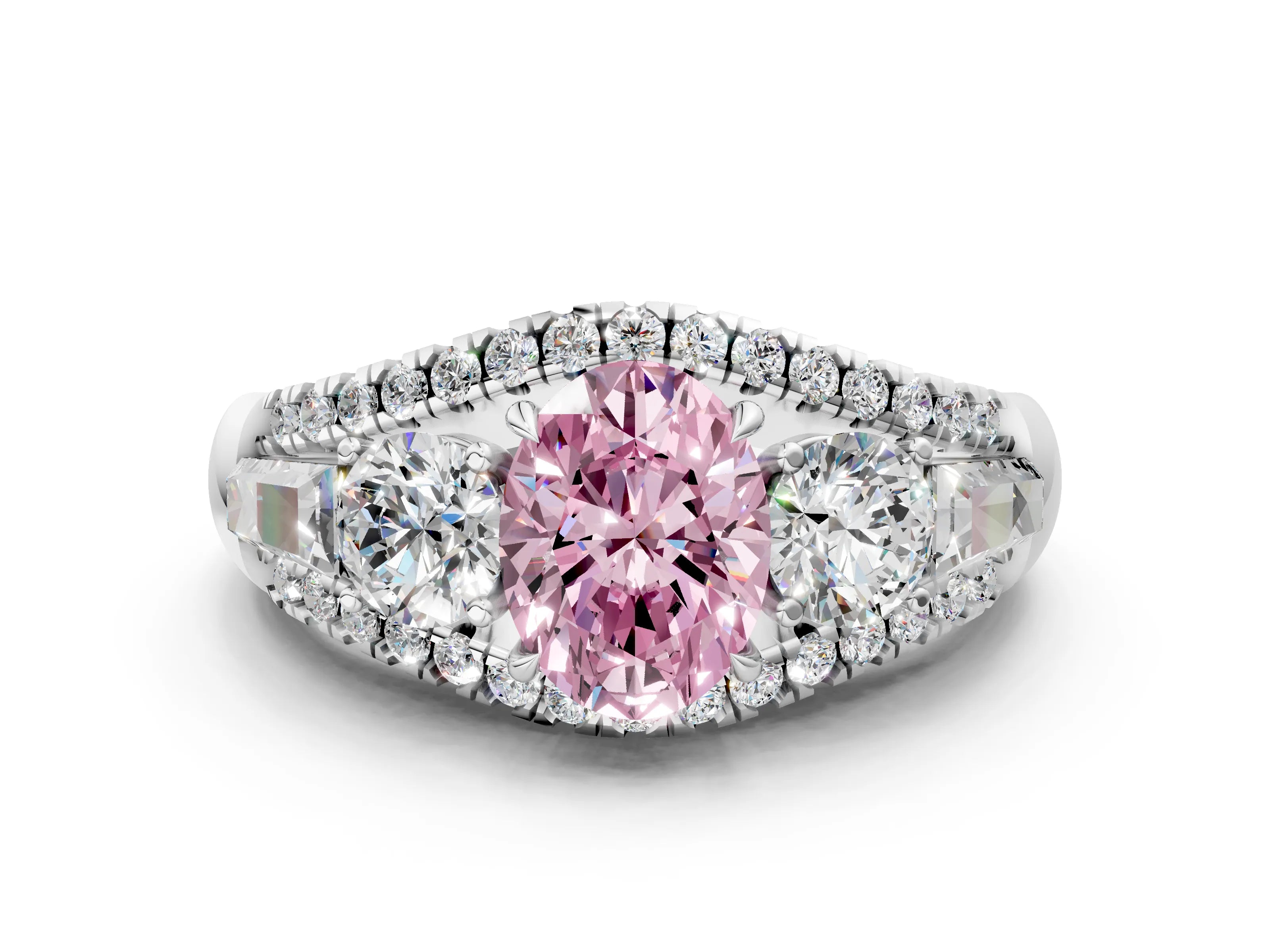 White gold Three-Stone Fancy Pink Oval Cut Diamond Engagement Ring with Pave Band and Prong Setting_12