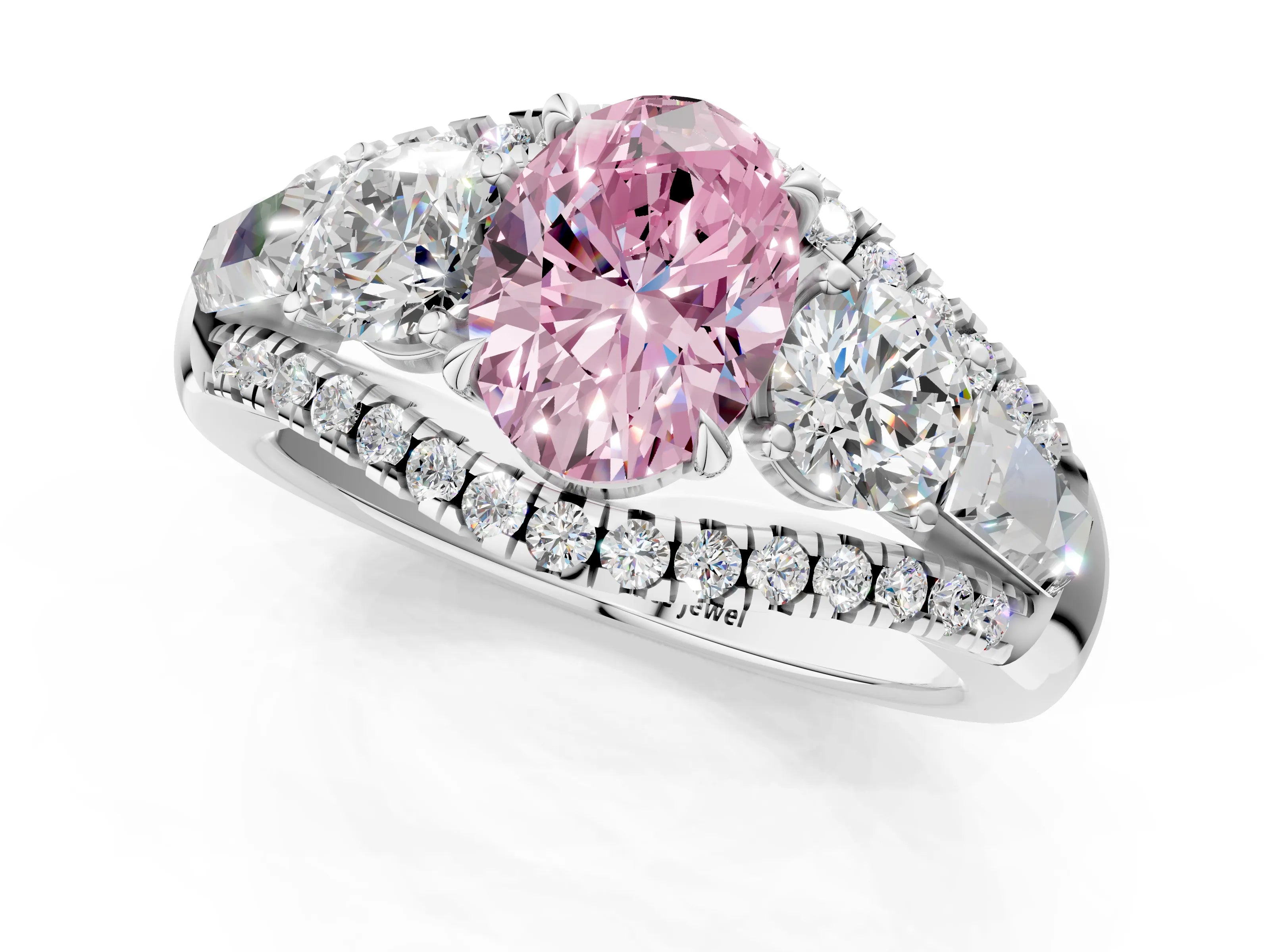 White gold Three-Stone Fancy Pink Oval Cut Diamond Engagement Ring with Pave Band and Prong Setting_13