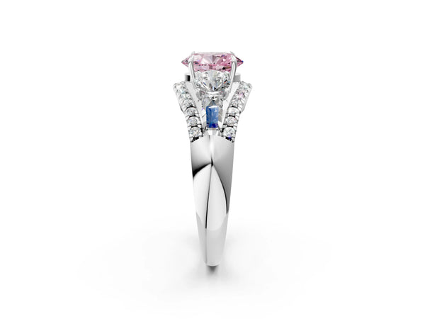 White gold Three-Stone Fancy Pink Oval Cut Diamond Engagement Ring with Pave Band and Prong Setting