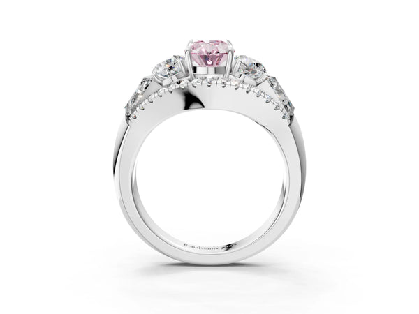 White gold Three-Stone Fancy Pink Oval Cut Diamond Engagement Ring with Pave Band and Prong Setting