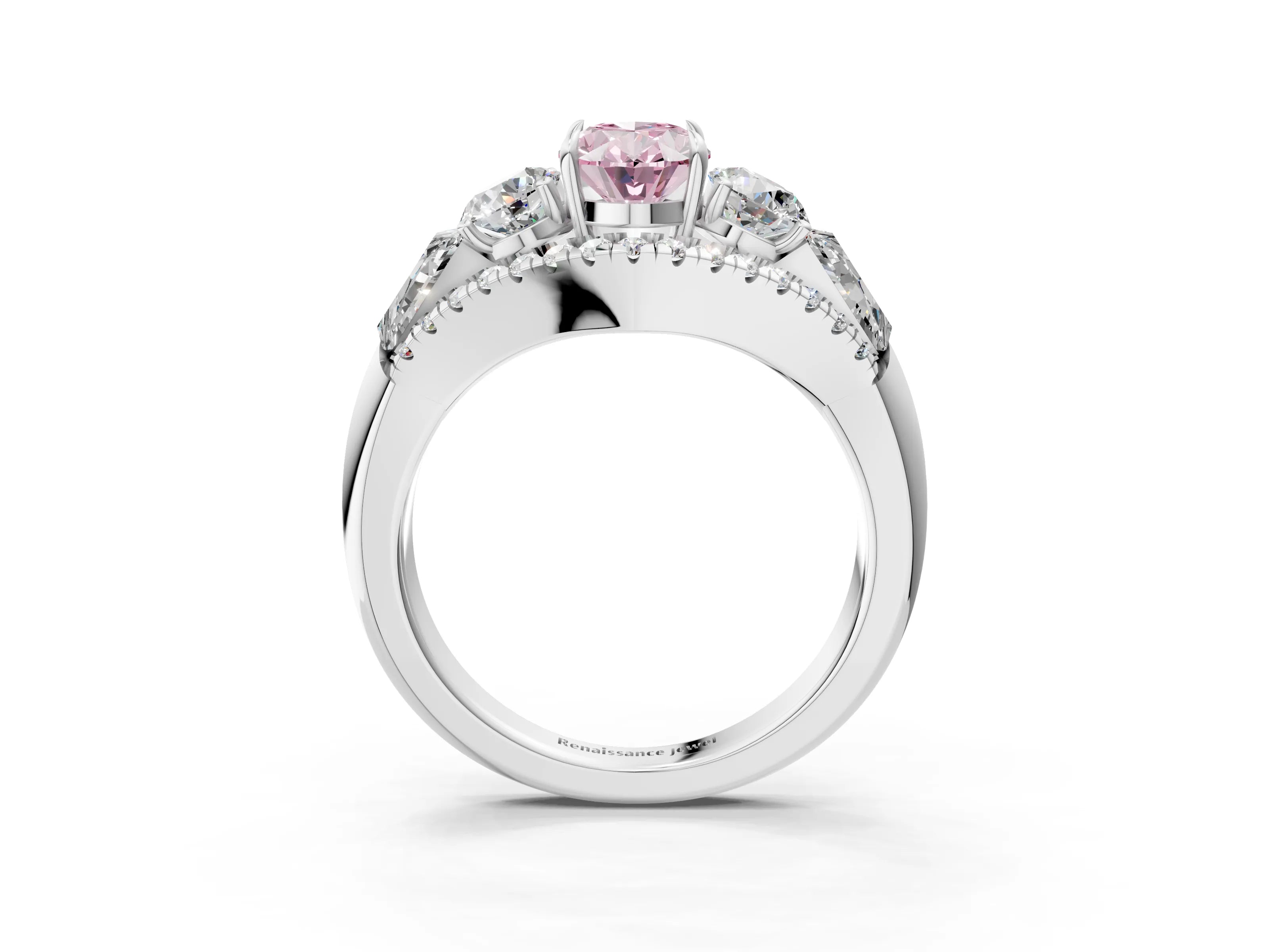 White gold Three-Stone Fancy Pink Oval Cut Diamond Engagement Ring with Pave Band and Prong Setting_15