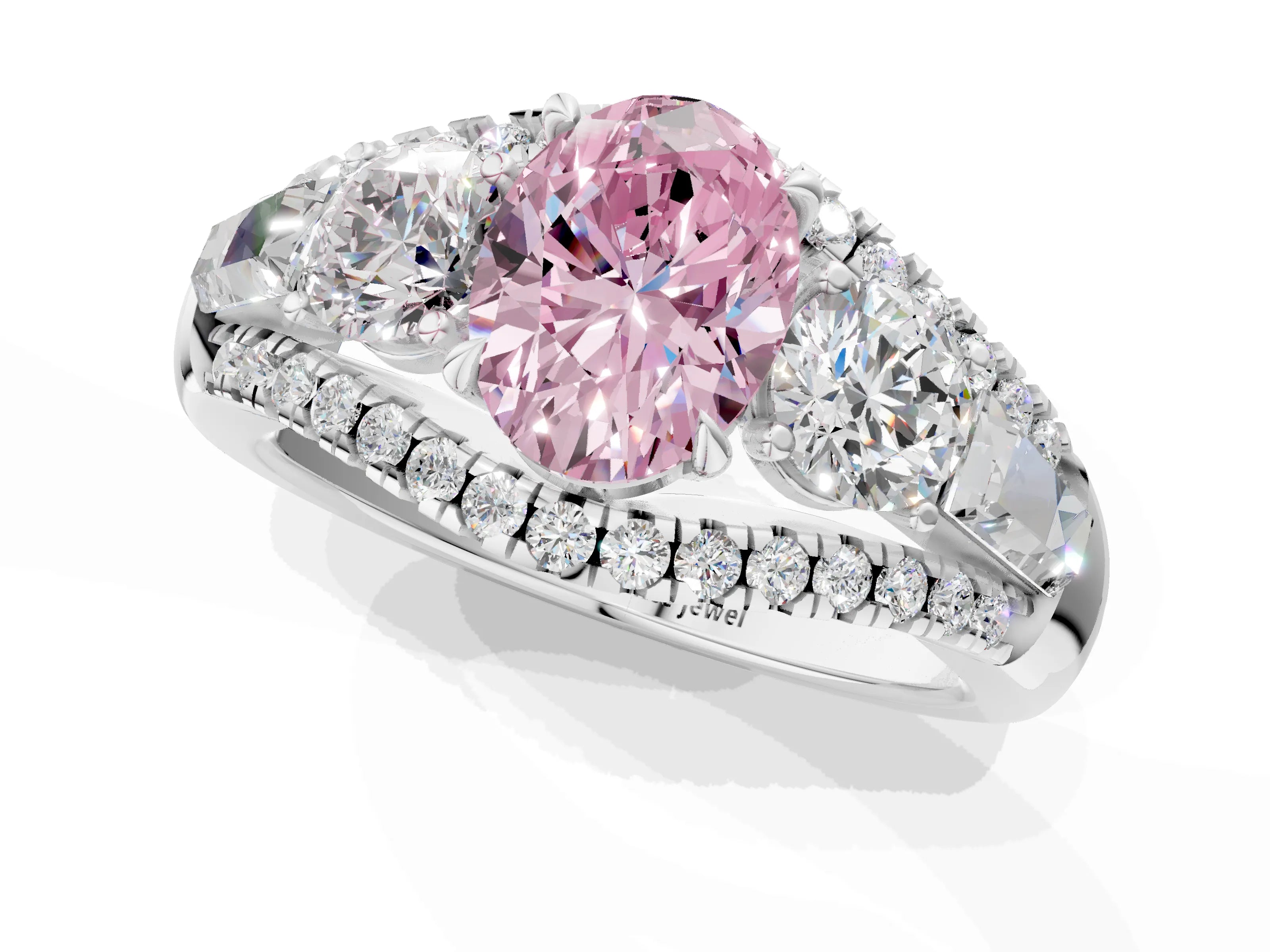 White gold Three-Stone Fancy Pink Oval Cut Diamond Engagement Ring with Pave Band and Prong Setting_1