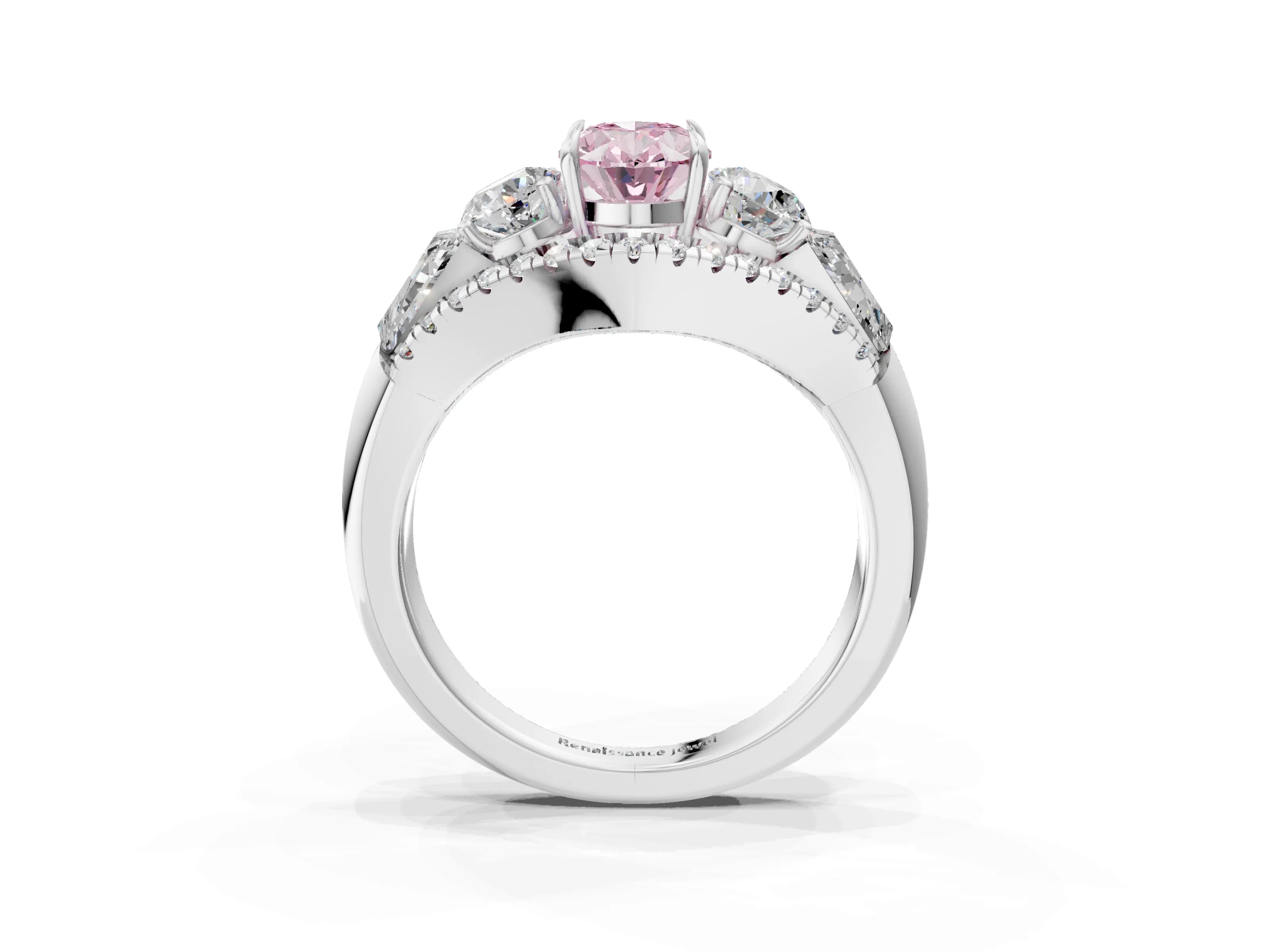 White gold Three-Stone Fancy Pink Oval Cut Diamond Engagement Ring with Pave Band and Prong Setting_3