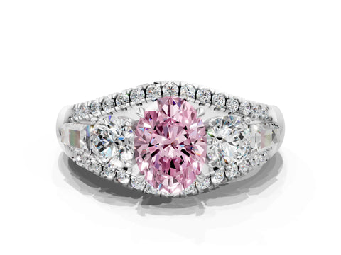 White gold Three-Stone Fancy Pink Oval Cut Diamond Engagement Ring with Pave Band and Prong Setting