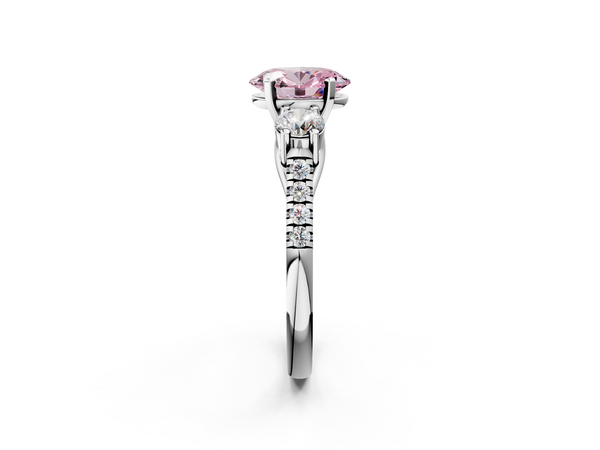 Platinum Three-Stone Fancy Pink Oval Cut Diamond Pavé Band with Four-Prong Setting