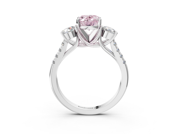 Platinum Three-Stone Fancy Pink Oval Cut Diamond Pavé Band with Four-Prong Setting