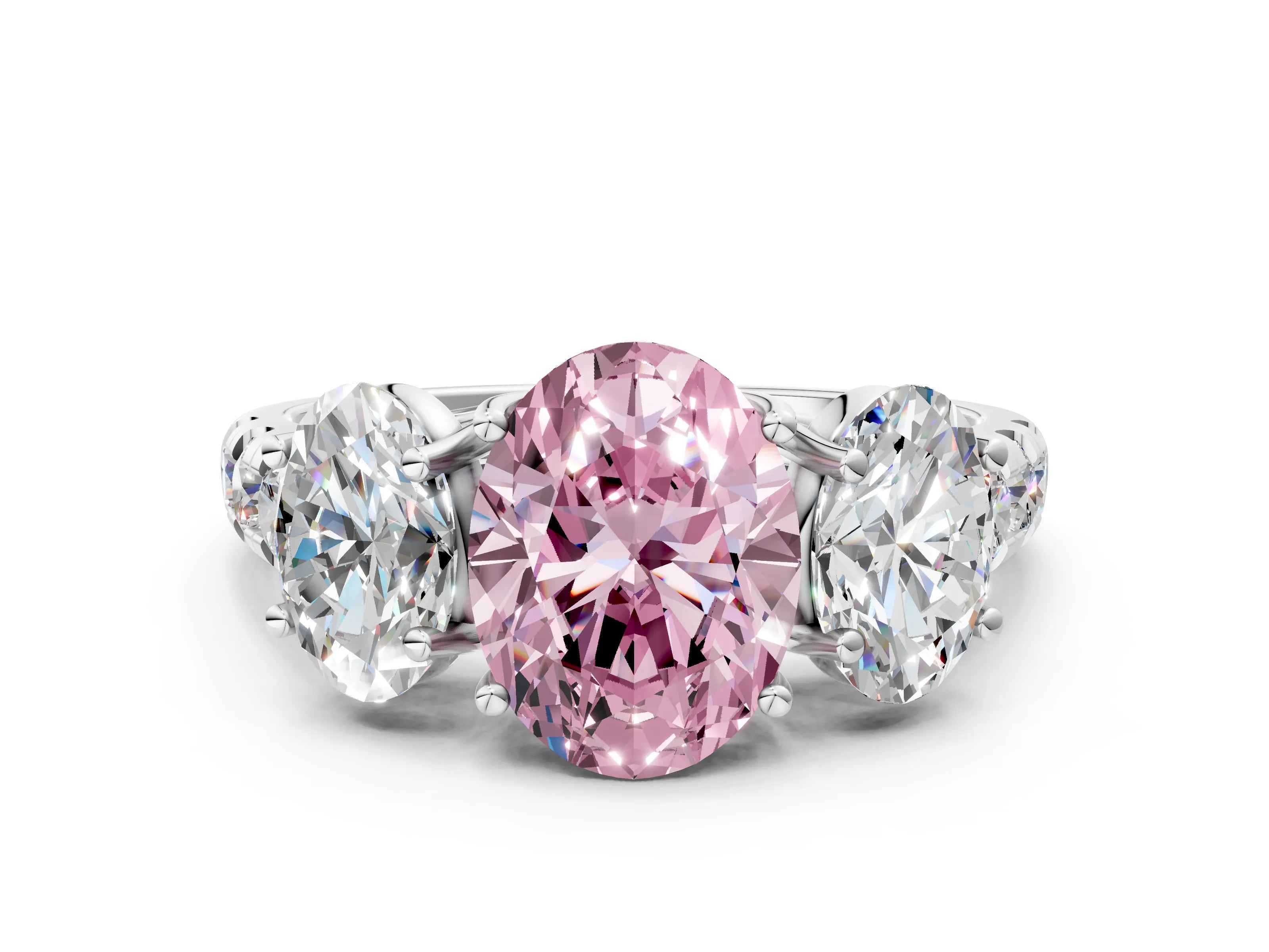 White gold Three-Stone Fancy Pink Oval Cut Diamond Pavé Band with Prong Setting