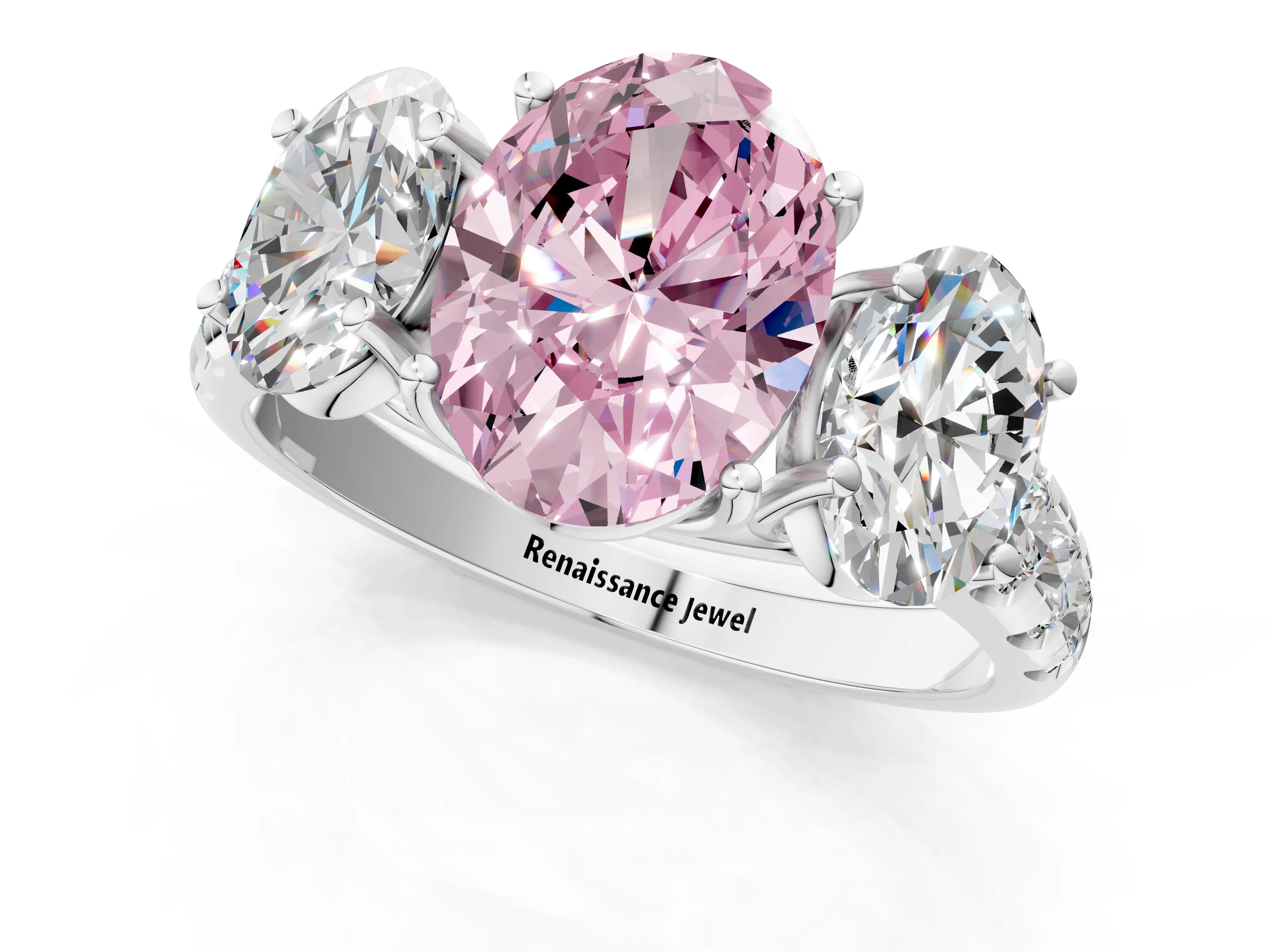 White gold Three-Stone Fancy Pink Oval Cut Diamond Pavé Band with Prong Setting_13