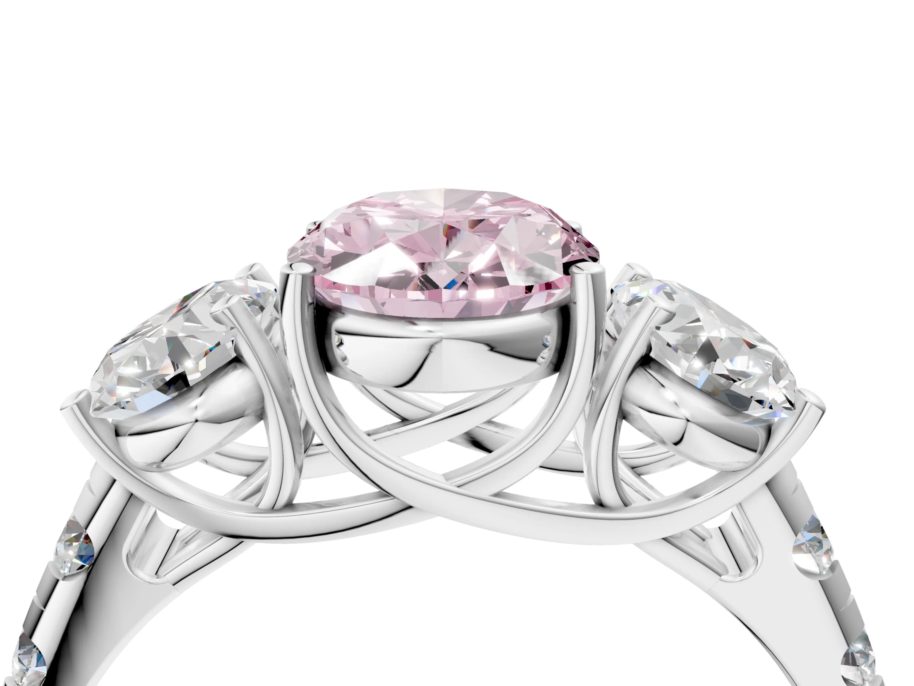 White gold Three-Stone Fancy Pink Oval Cut Diamond Pavé Band with Prong Setting_16
