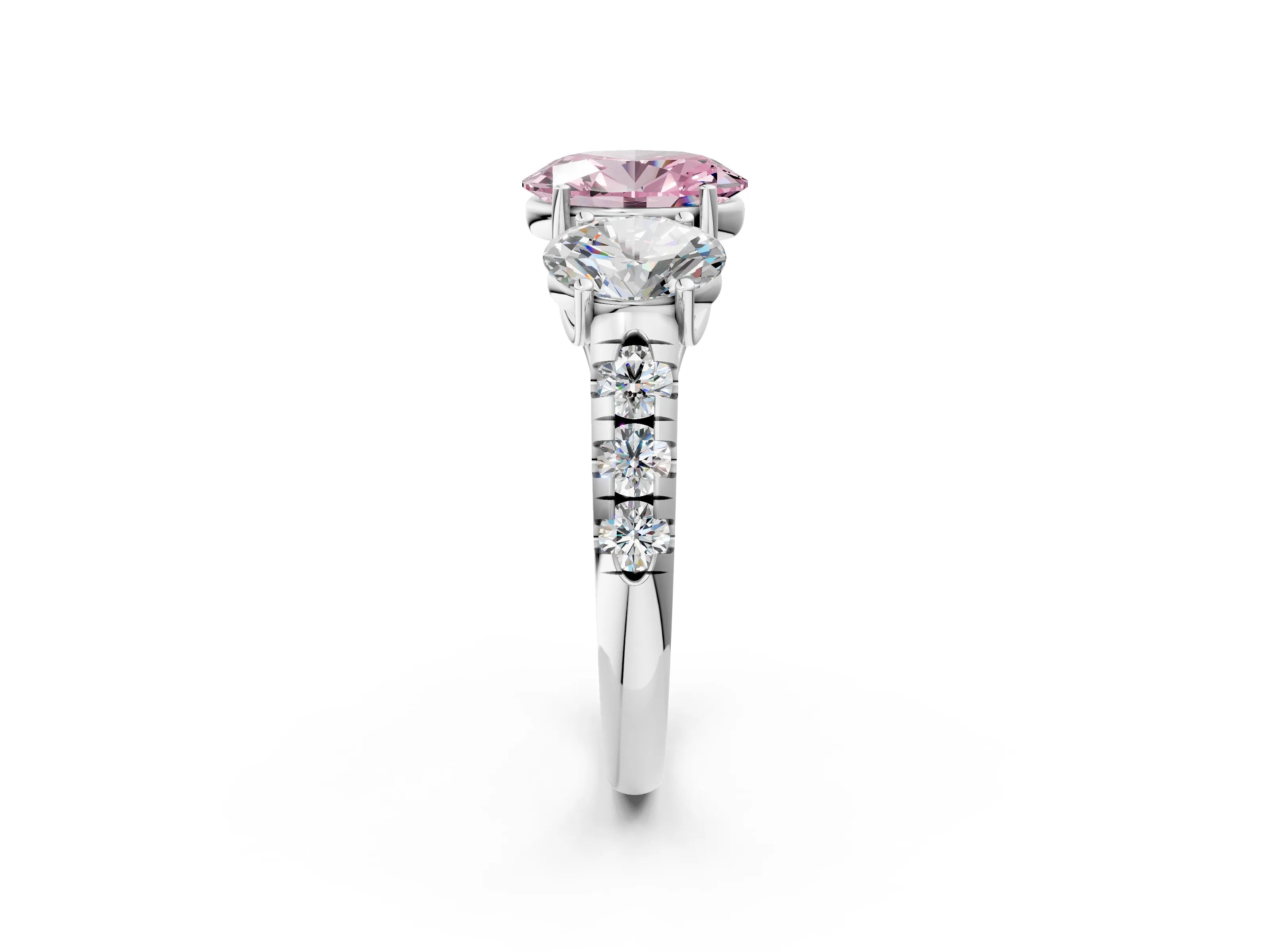 White gold Three-Stone Fancy Pink Oval Cut Diamond Pavé Band with Prong Setting_2