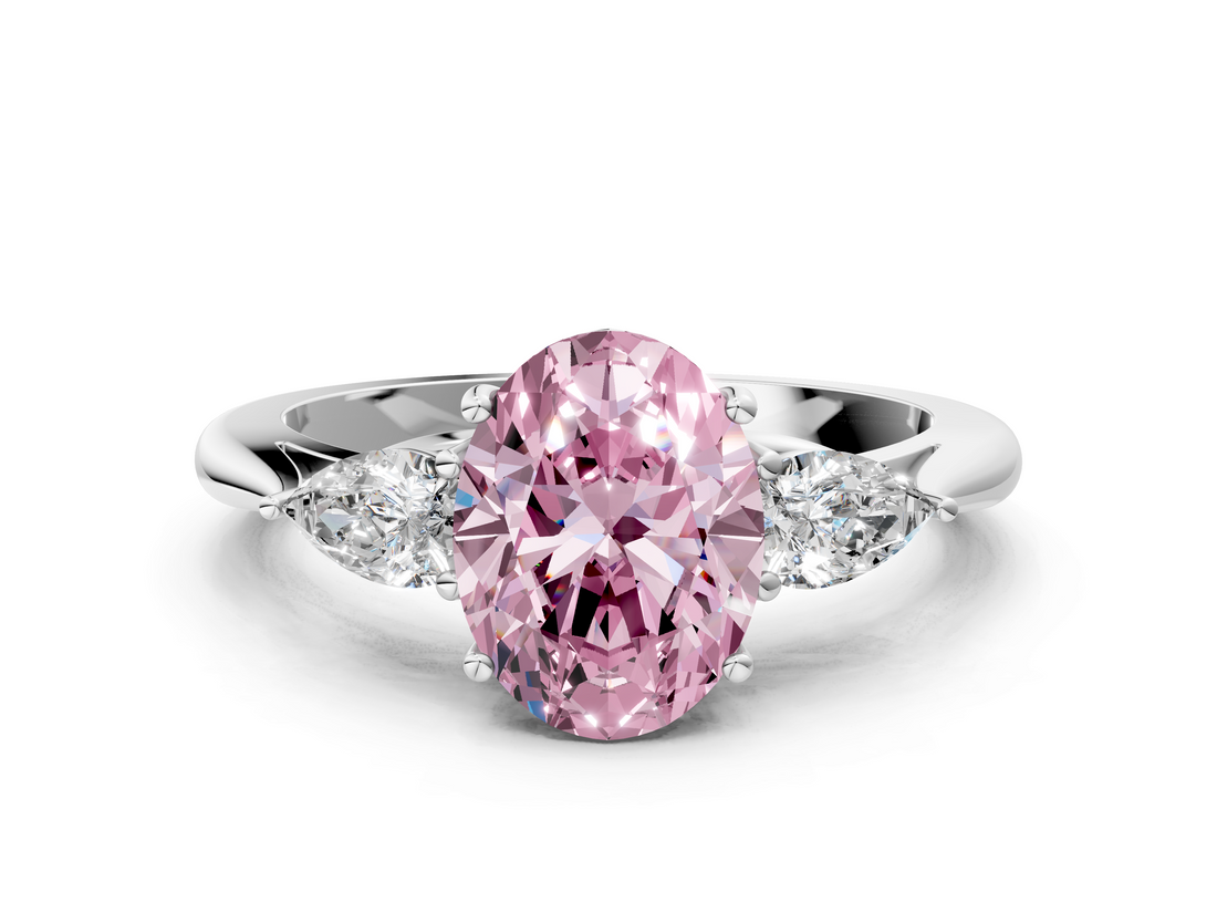 White gold Three-Stone Fancy Pink Oval  Cut Diamond Ring with Pear Side Stones in Four-Prong Setting_109