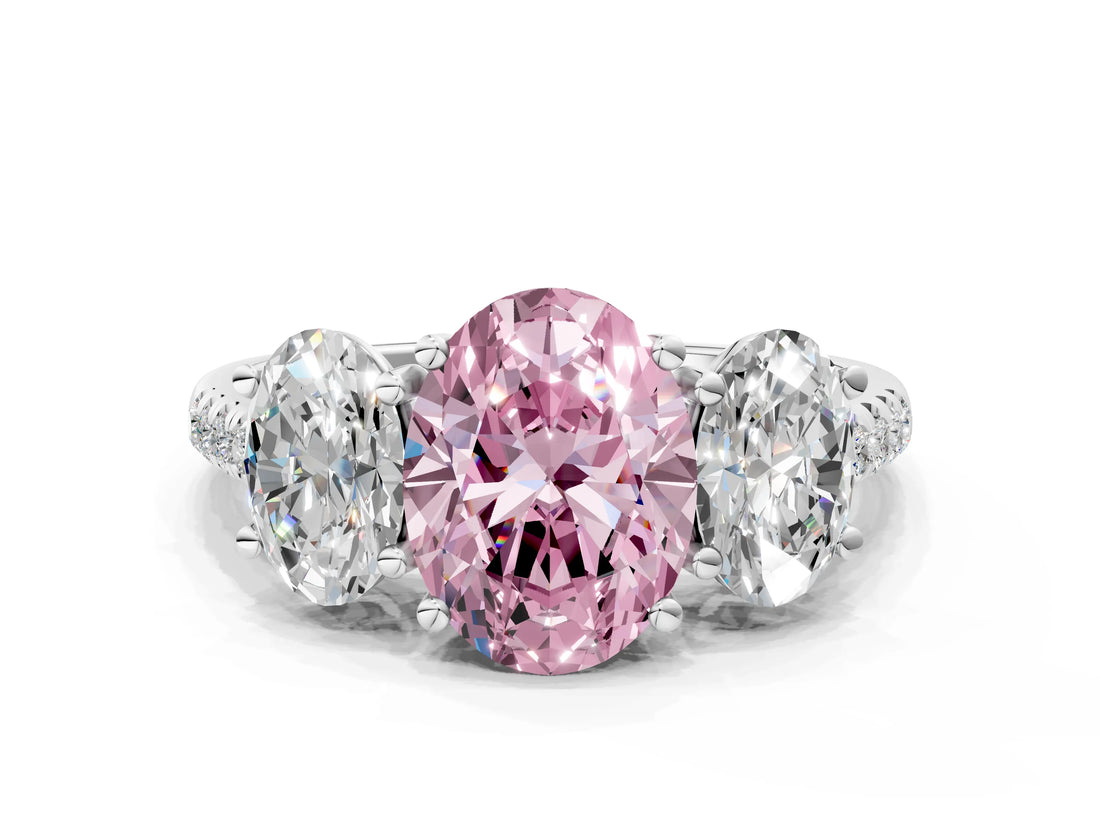 White gold Three-Stone Fancy Pink Oval Cut Diamond Ring with Round  Pavé Band and Prong Setting_147